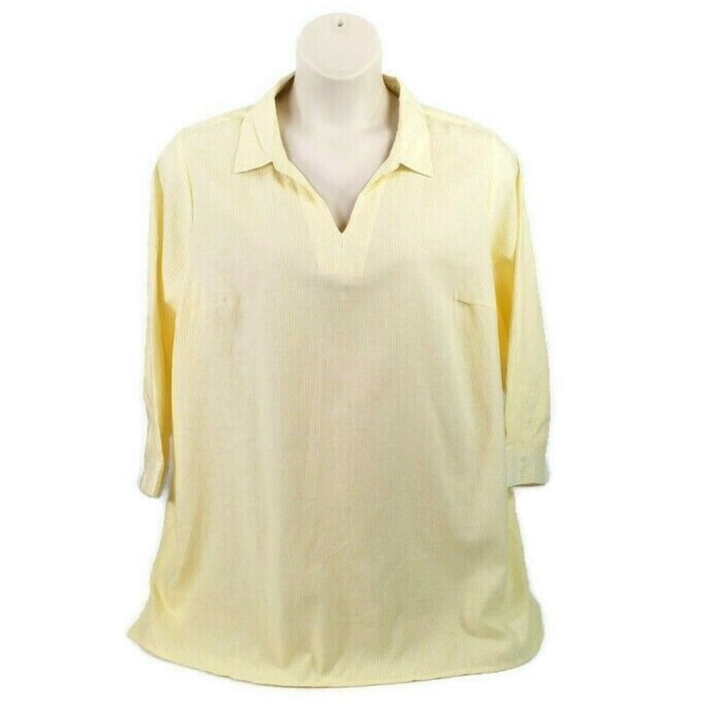 CJ Banks Yellow White Vertical Micro-stripe 3/4 Sleeve Popover Blouse Womens 3X
